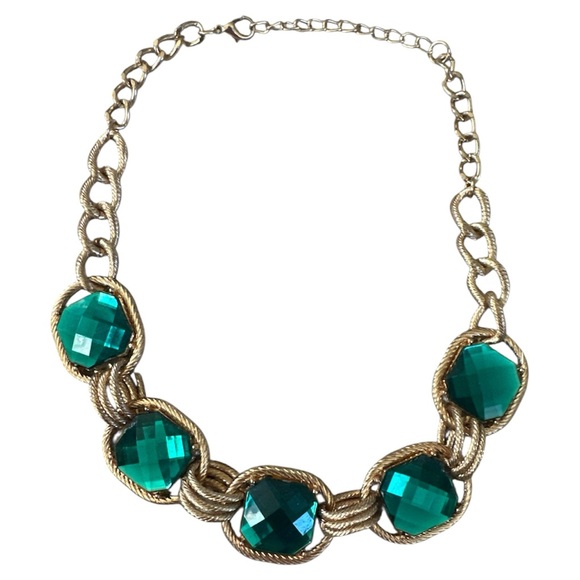 Jewelry - Vintage Gold-Tone Chunky Statement Necklace with Teal/Emerald Faceted Stones